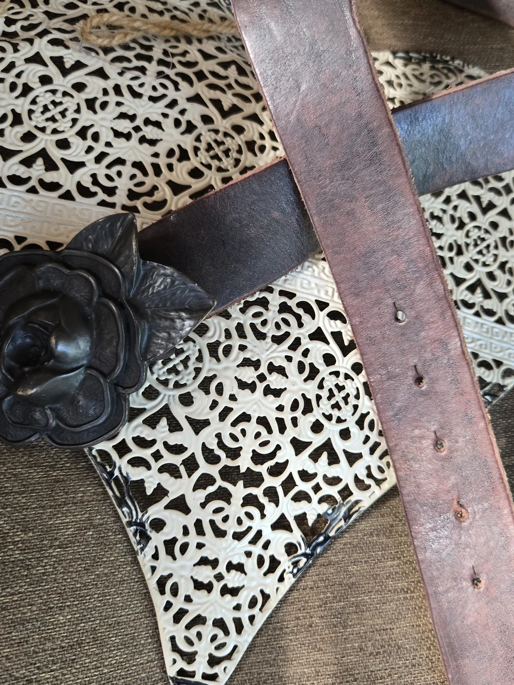 Abercrombie & Fitch Brown Leather Belt with Floral Metal Buckle